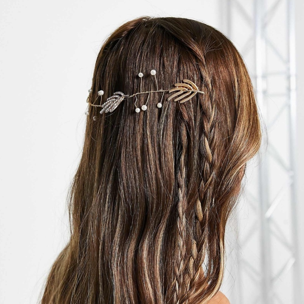 back hair crown crystal leaf pearl gold tone accessory wedding bridesmaid bride